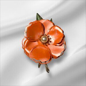 Vintage Iridescent Orange Metal Flower Brooch Pearl Center Leaf Accents